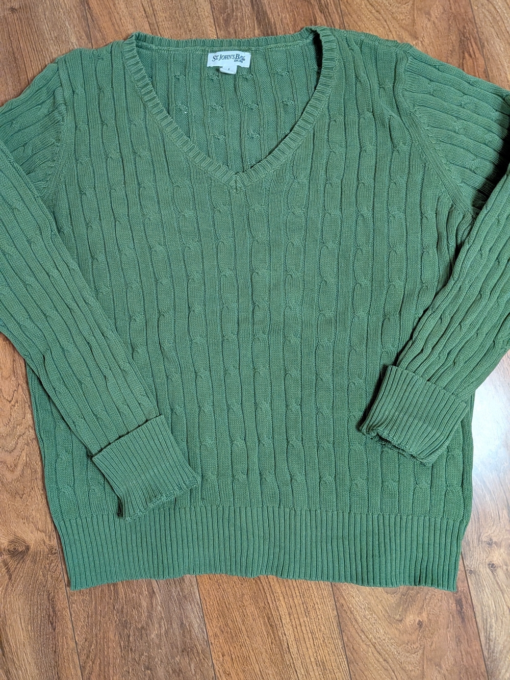 St. John's Bay Olive Green Cable-Knit V-Neck Sweater